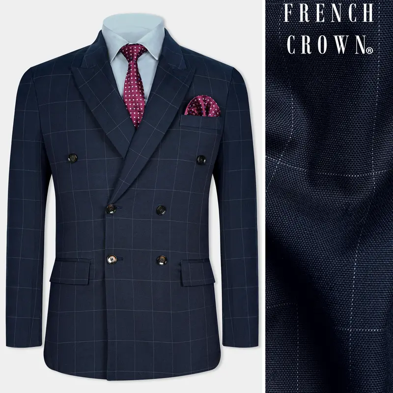 Ebony Blue Windowpane Premium Cotton Double Breasted Blazer 1