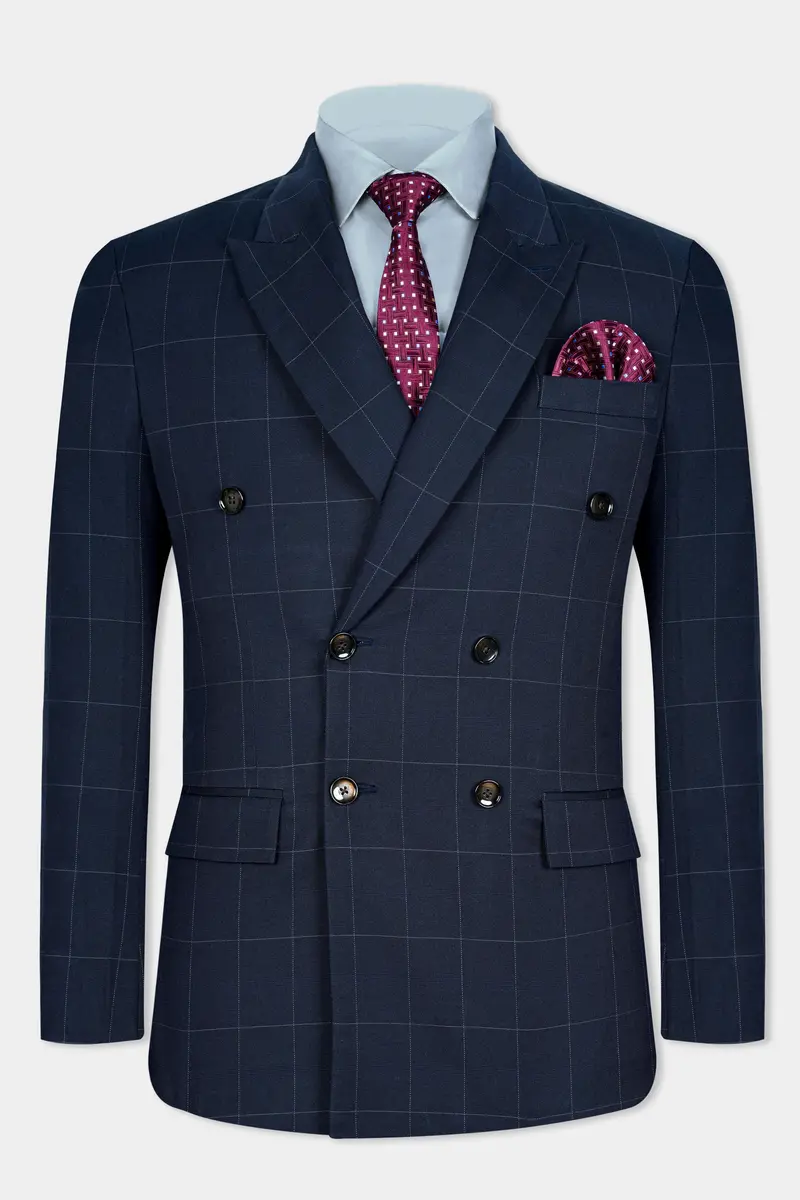 Ebony Blue Windowpane Premium Cotton Double Breasted Blazer 2