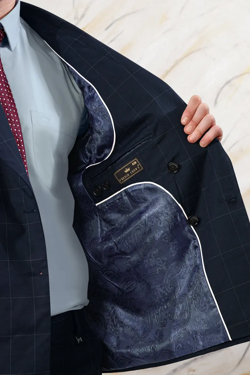 Ebony Blue Windowpane Premium Cotton Double Breasted Blazer 4