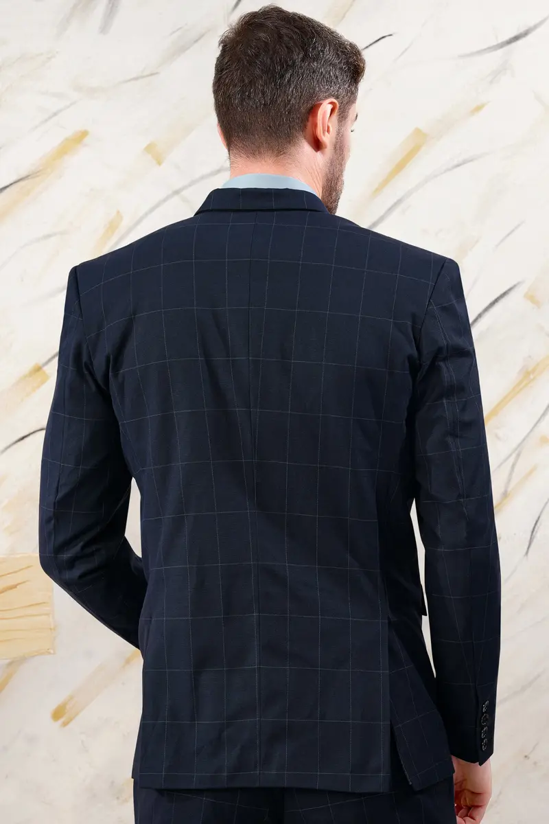 Ebony Blue Windowpane Premium Cotton Double Breasted Blazer 5