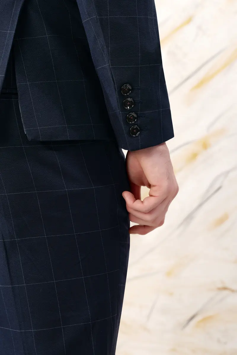 Ebony Blue Windowpane Premium Cotton Double Breasted Blazer 6
