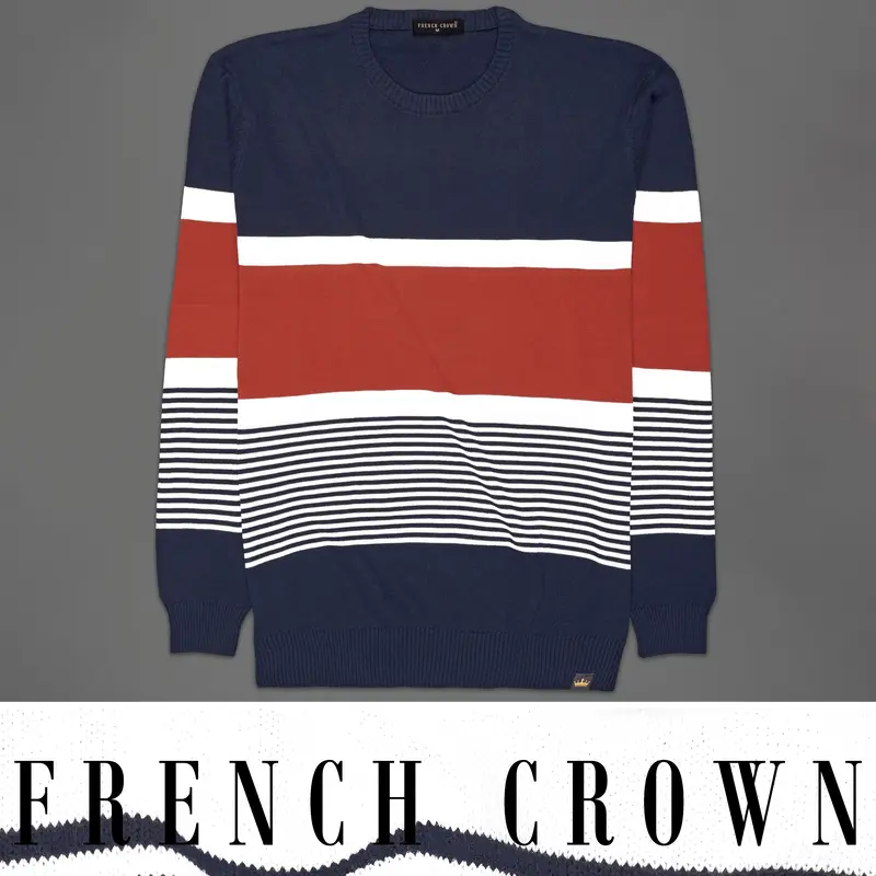 Ebony Blue With Carmine Red And White Striped Premium Interlock Cotton Fabric Sweatshirt 1