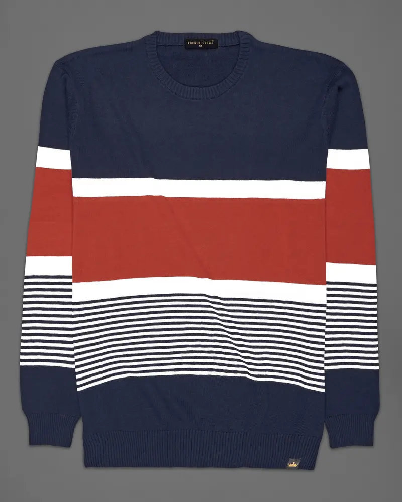 Ebony Blue With Carmine Red And White Striped Premium Interlock Cotton Fabric Sweatshirt 2
