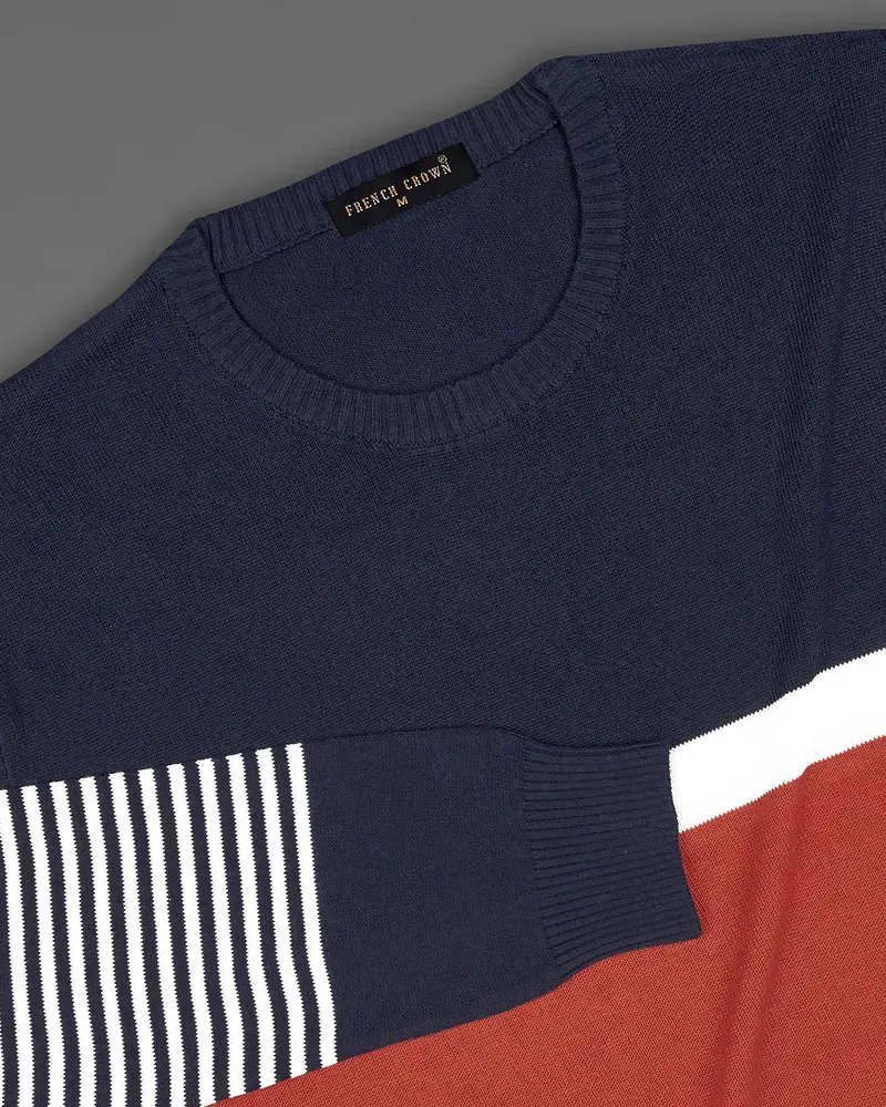 Ebony Blue With Carmine Red And White Striped Premium Interlock Cotton Fabric Sweatshirt 5