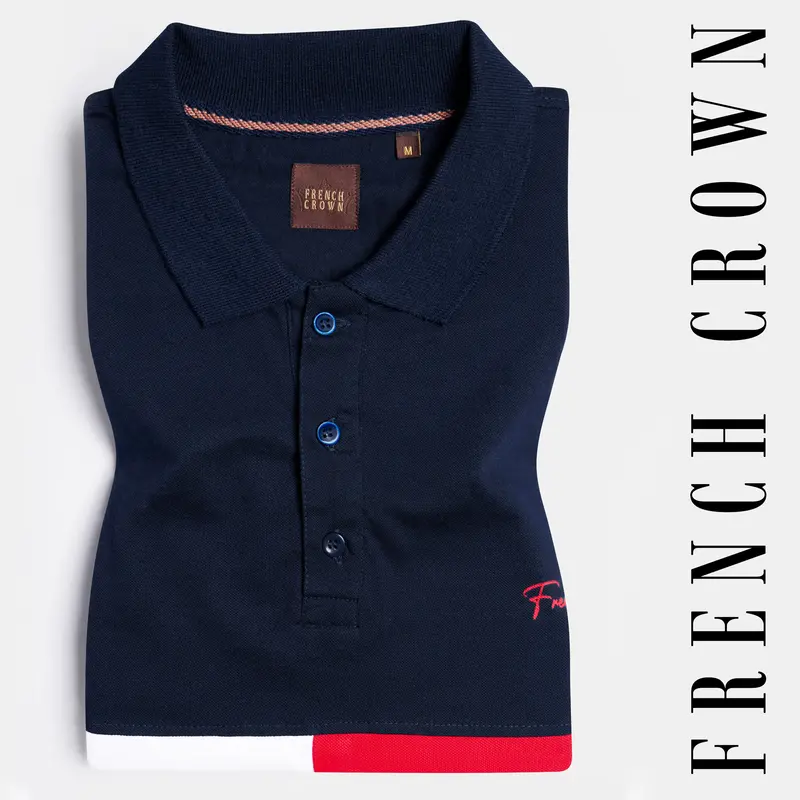 Ebony Blue With White And Jasper Red Colour Block Pattern Premium Cotton Pique Polo 1