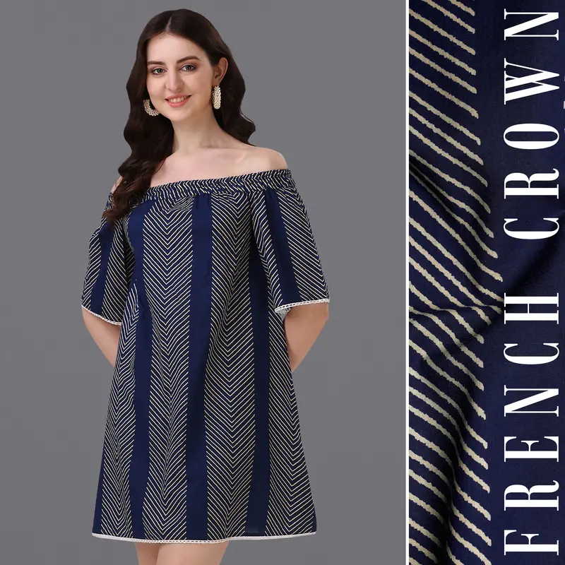 Ebony Clay Blue And Almond Geometric Print Super Soft Premium Cotton Off-Shoulder Dress 1