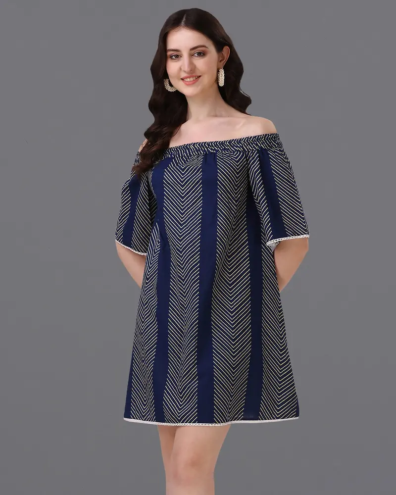 Ebony Clay Blue And Almond Geometric Print Super Soft Premium Cotton Off-Shoulder Dress 2