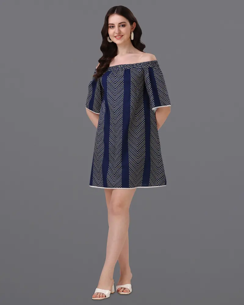 Ebony Clay Blue And Almond Geometric Print Super Soft Premium Cotton Off-Shoulder Dress 4