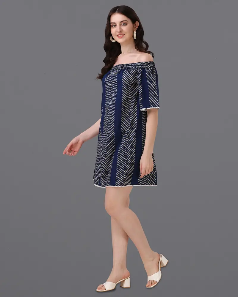 Ebony Clay Blue And Almond Geometric Print Super Soft Premium Cotton Off-Shoulder Dress 5