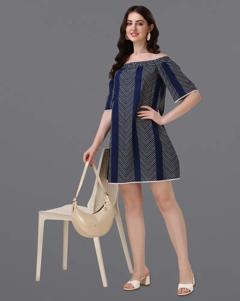 Ebony Clay Blue And Almond Geometric Print Super Soft Premium Cotton Off-Shoulder Dress 6