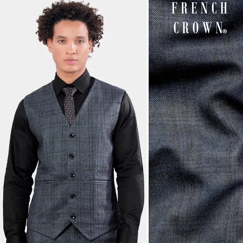 Ebony Clay Blue And Gravel Gray Plaid Waistcoat 1