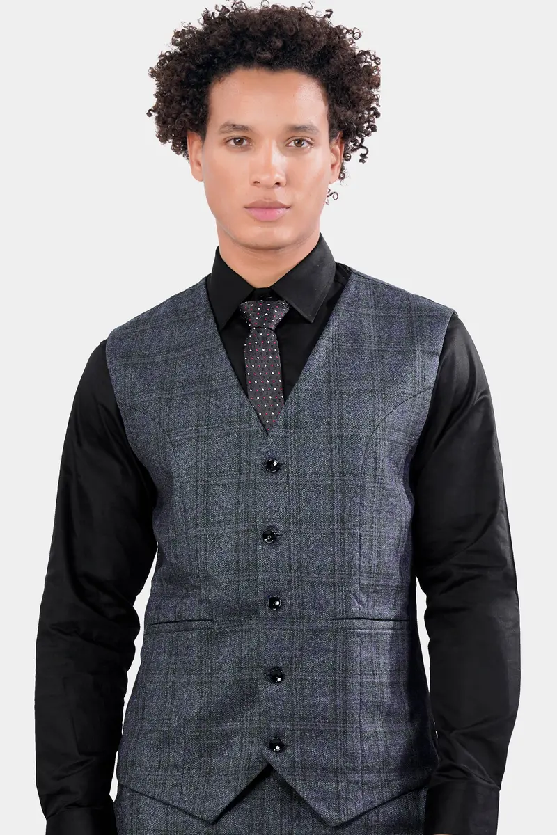 Ebony Clay Blue And Gravel Gray Plaid Waistcoat 2