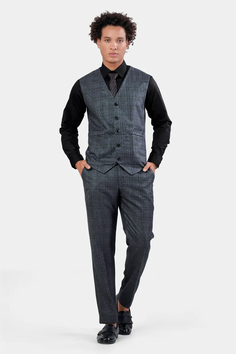 Ebony Clay Blue And Gravel Gray Plaid Waistcoat 5