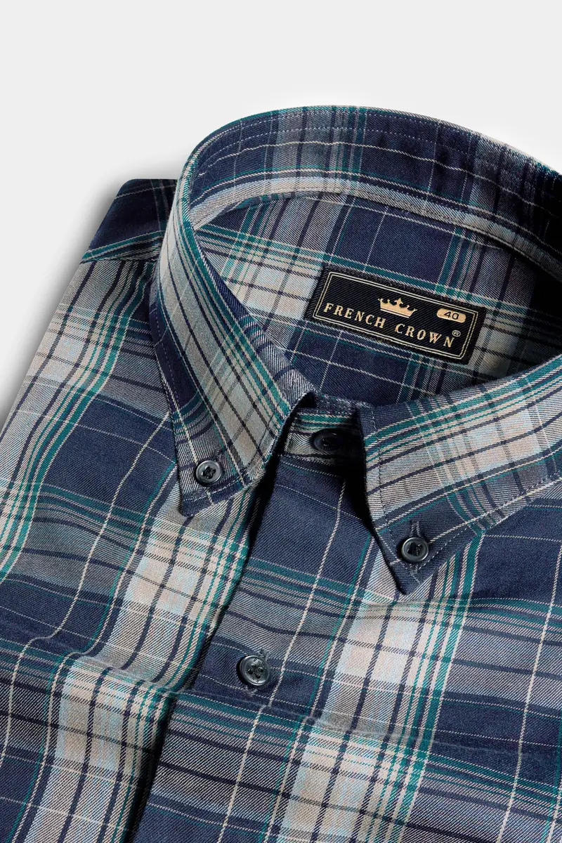 Ebony Clay Blue And Jour Cream Green Twill Plaid Premium Cotton Shirt 1