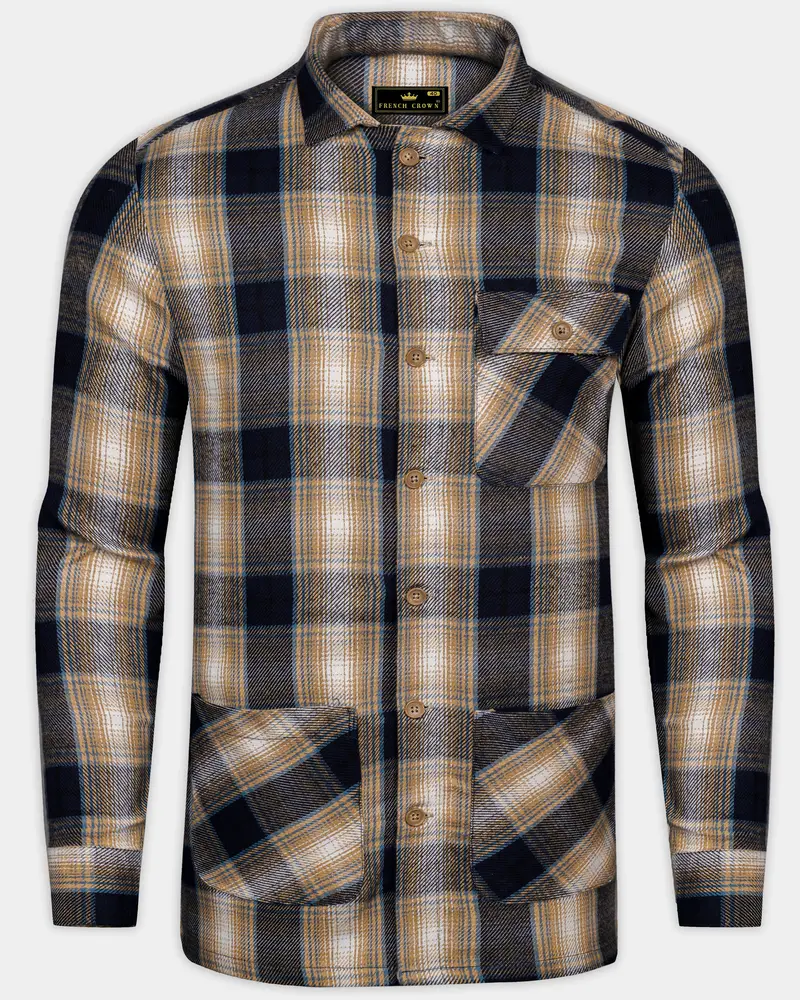 Ebony Clay Blue And Sandrift Brown Plaid Flannel Designer Overhirt/Shacket 1