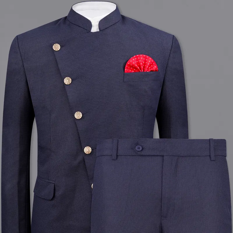 Ebony Clay Blue Cross Placket Bandhgala Suit 1