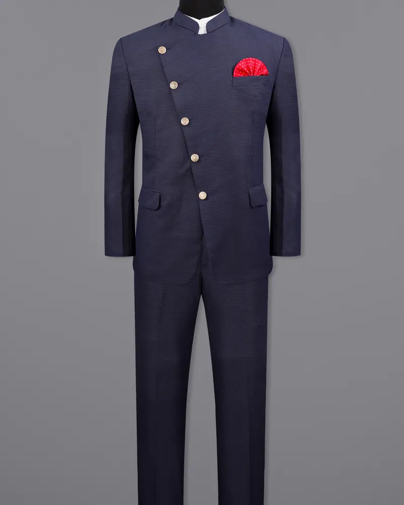 Ebony Clay Blue Cross Placket Bandhgala Suit 4