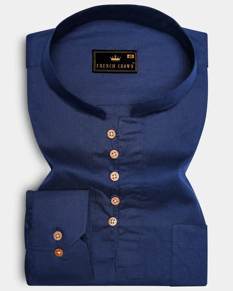 Ebony Clay Blue Dobby Textured Premium Giza Cotton Kurta Shirt 1