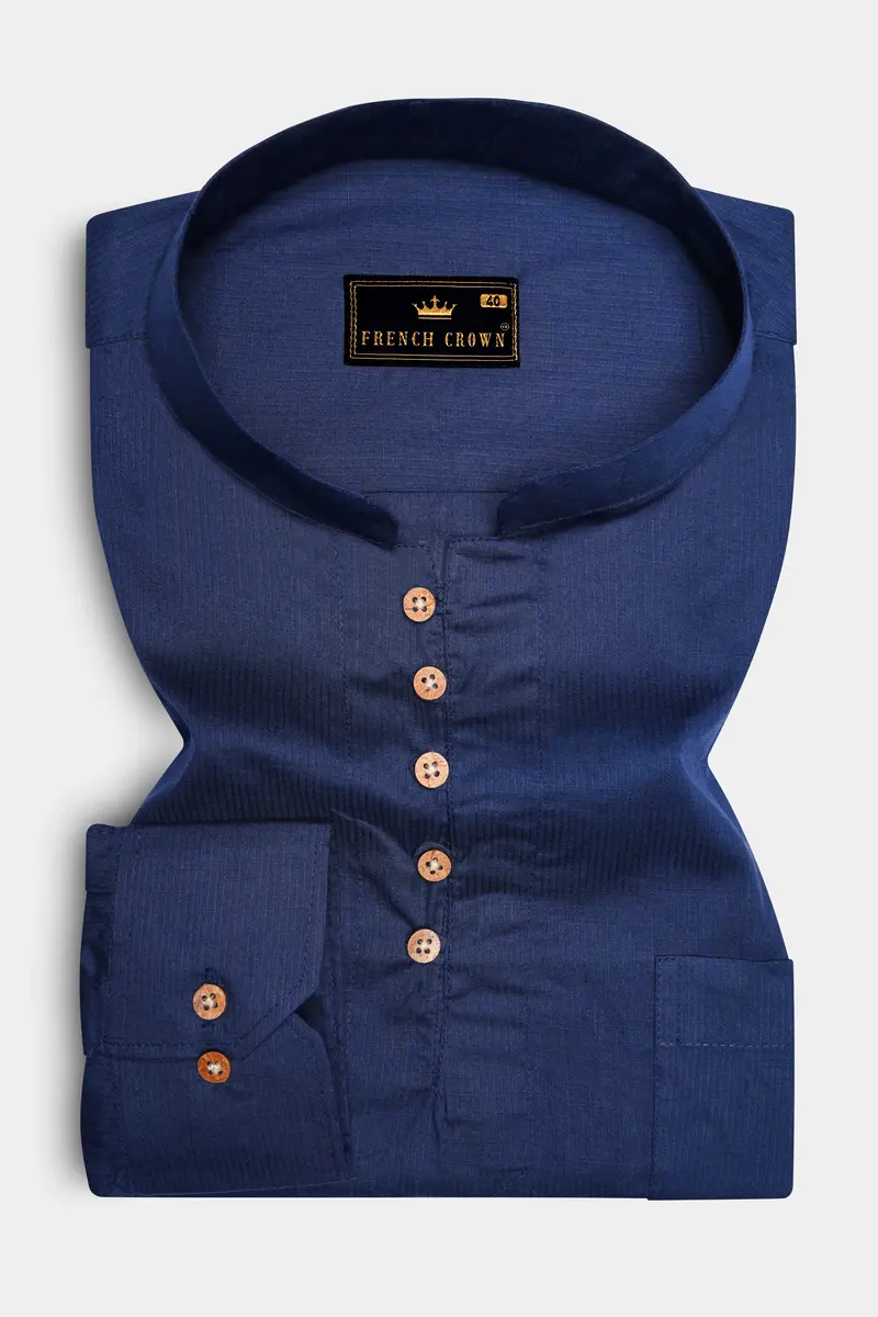 Ebony Clay Blue Dobby Textured Premium Giza Cotton Kurta Shirt 2