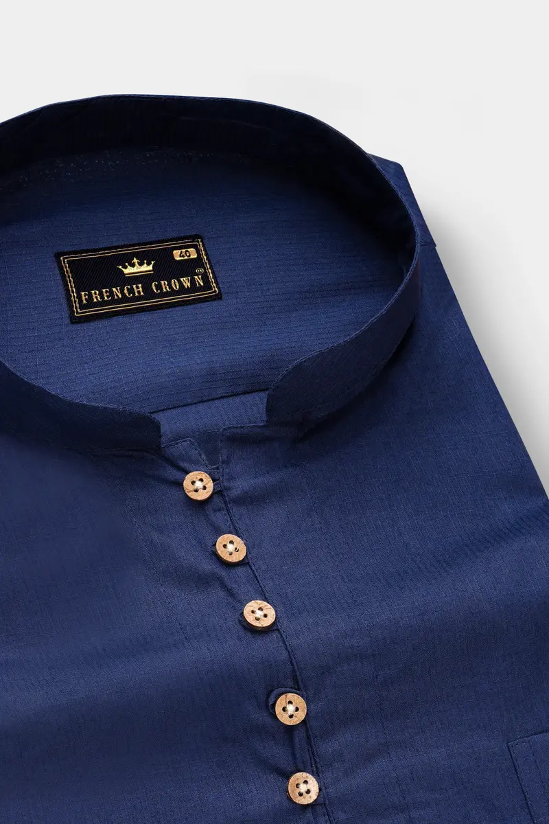 Ebony Clay Blue Dobby Textured Premium Giza Cotton Kurta Shirt 4