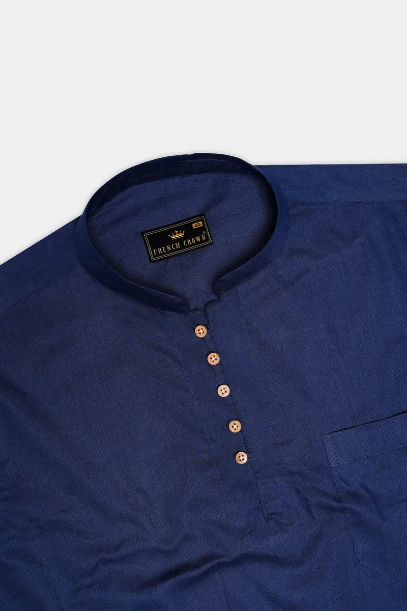 Ebony Clay Blue Dobby Textured Premium Giza Cotton Kurta Shirt 5