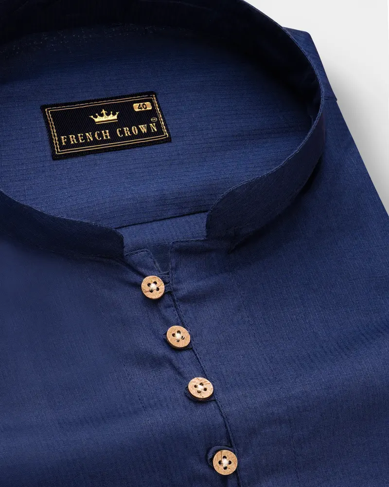 Ebony Clay Blue Dobby Textured Premium Giza Cotton Kurta Shirt 6