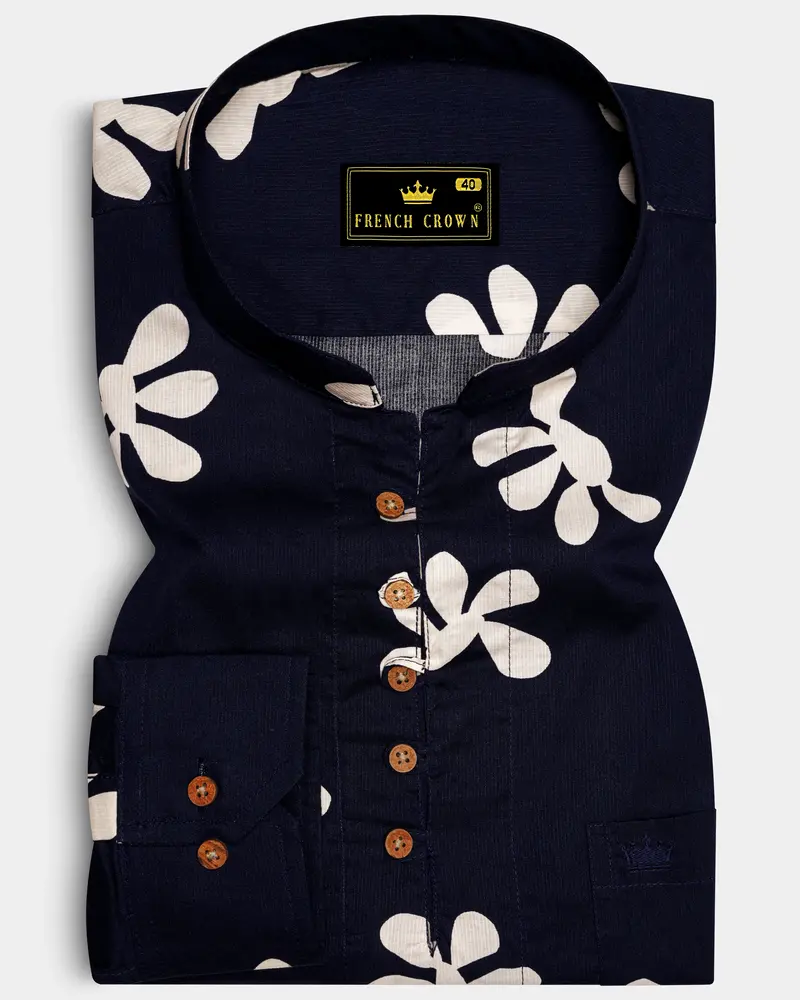 Ebony Clay Blue Floral Printed Dobby Textured Premium Giza Cotton Kurta Shirt 1