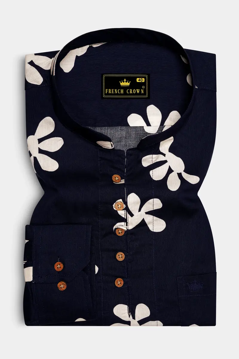 Ebony Clay Blue Floral Printed Dobby Textured Premium Giza Cotton Kurta Shirt 2
