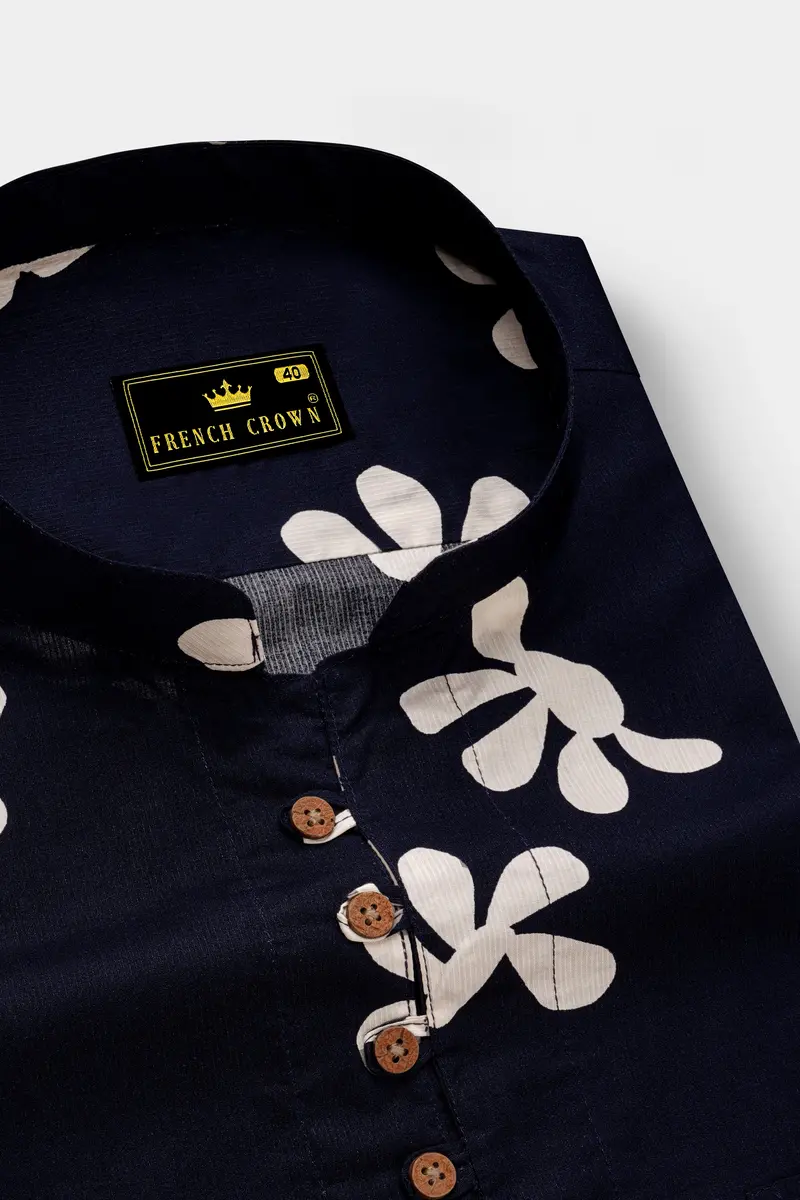 Ebony Clay Blue Floral Printed Dobby Textured Premium Giza Cotton Kurta Shirt 4