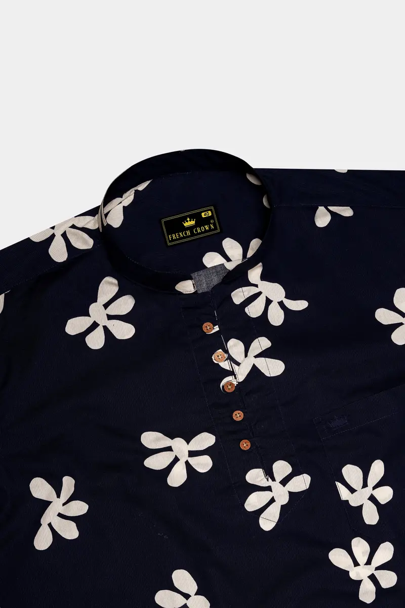 Ebony Clay Blue Floral Printed Dobby Textured Premium Giza Cotton Kurta Shirt 5