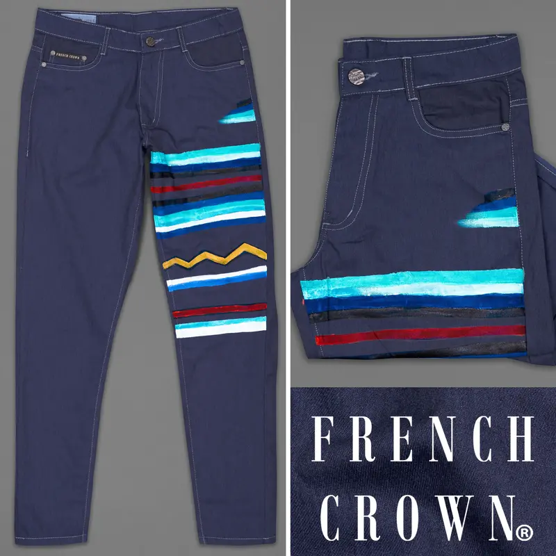 Ebony Clay Blue Multicolour Hand Painted Rinse Wash Denim 1