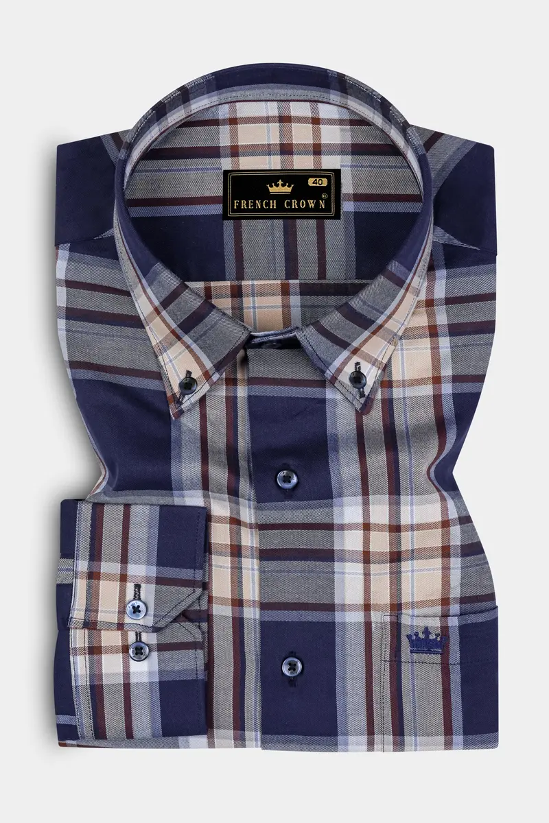 Ebony Clay Blue Plaid Twill Cotton Shirt 3