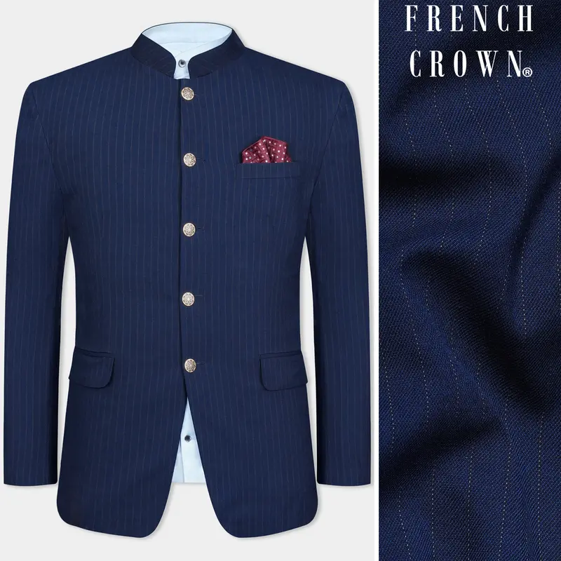 Ebony Clay Blue Striped Wool Rich Bandhgala Blazer 1