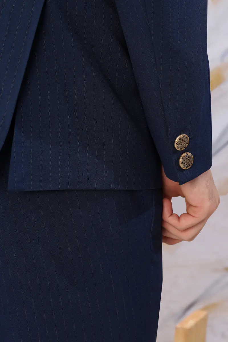 Ebony Clay Blue Striped Wool Rich Bandhgala Blazer 4