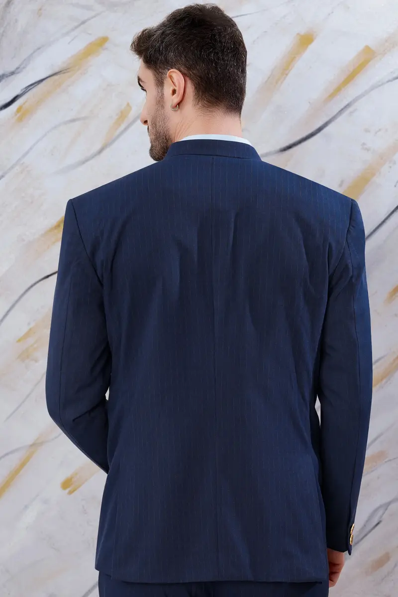 Ebony Clay Blue Striped Wool Rich Bandhgala Blazer 5