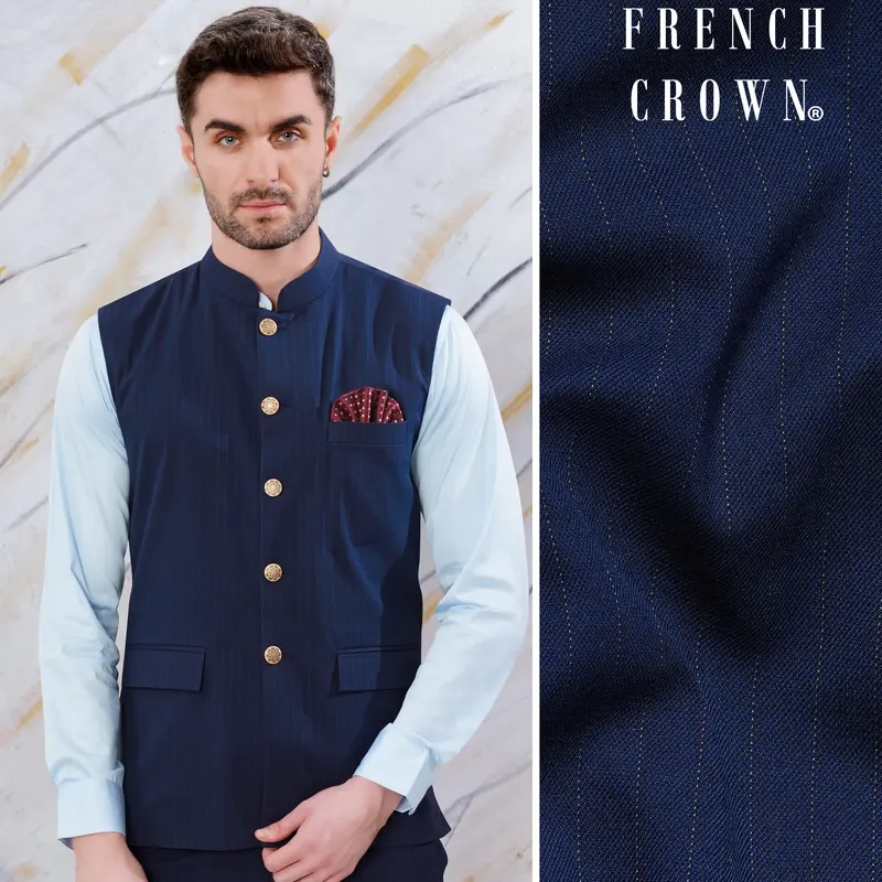 Ebony Clay Blue Striped Wool Rich Bandhgala Nehru Jacket 1