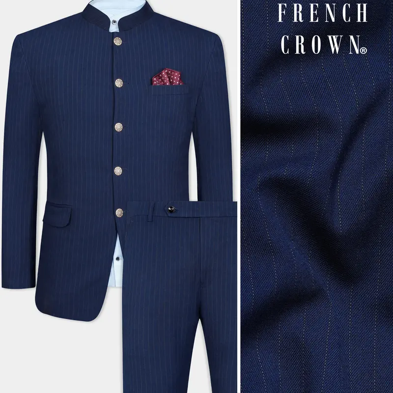 Ebony Clay Blue Striped Wool Rich Bandhgala Suit 1