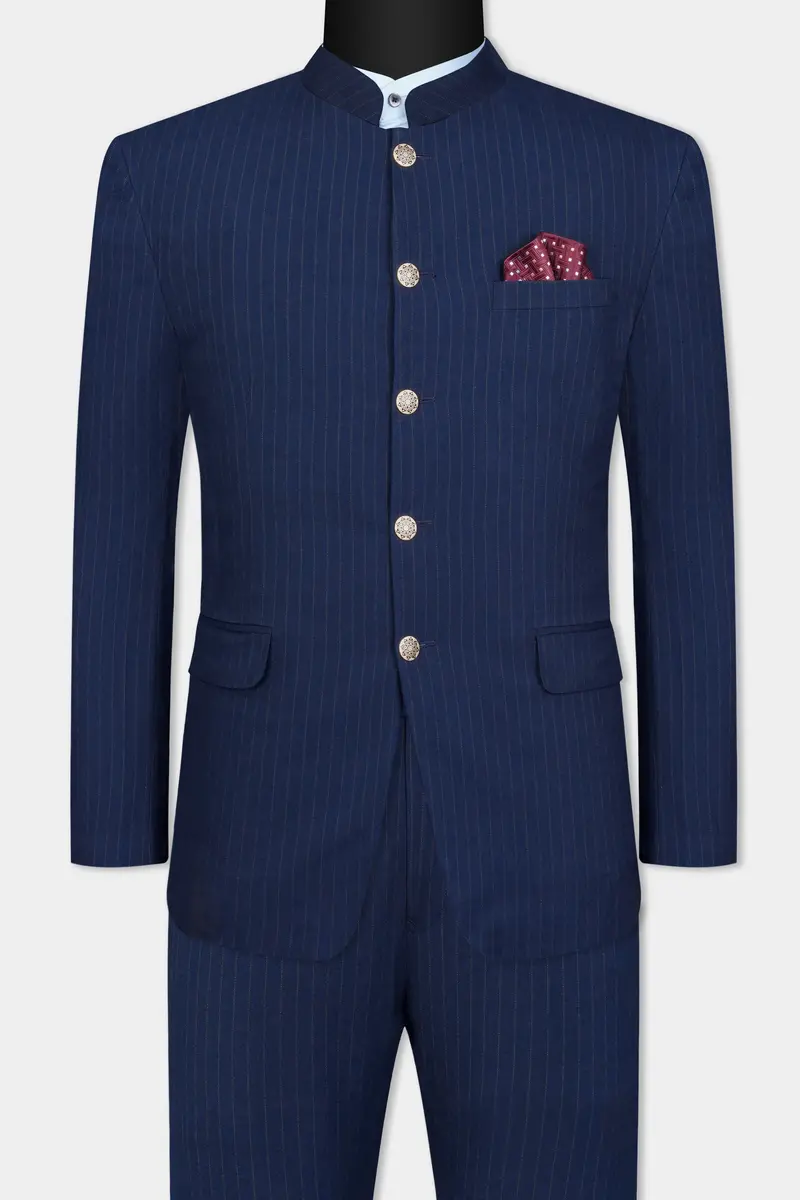 Ebony Clay Blue Striped Wool Rich Bandhgala Suit 11