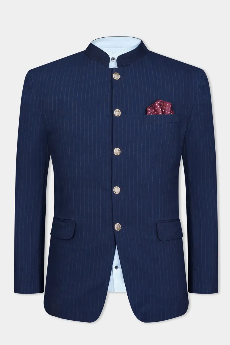 Ebony Clay Blue Striped Wool Rich Bandhgala Suit 12