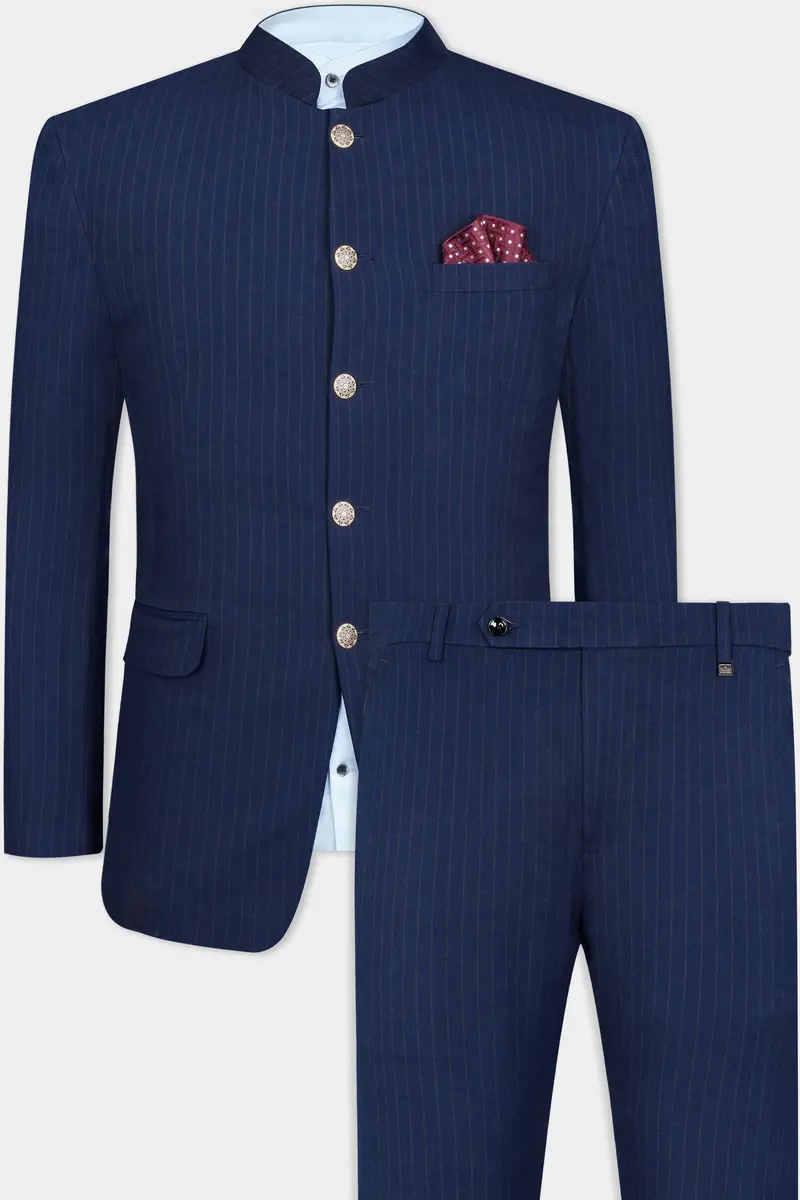 Ebony Clay Blue Striped Wool Rich Bandhgala Suit 2