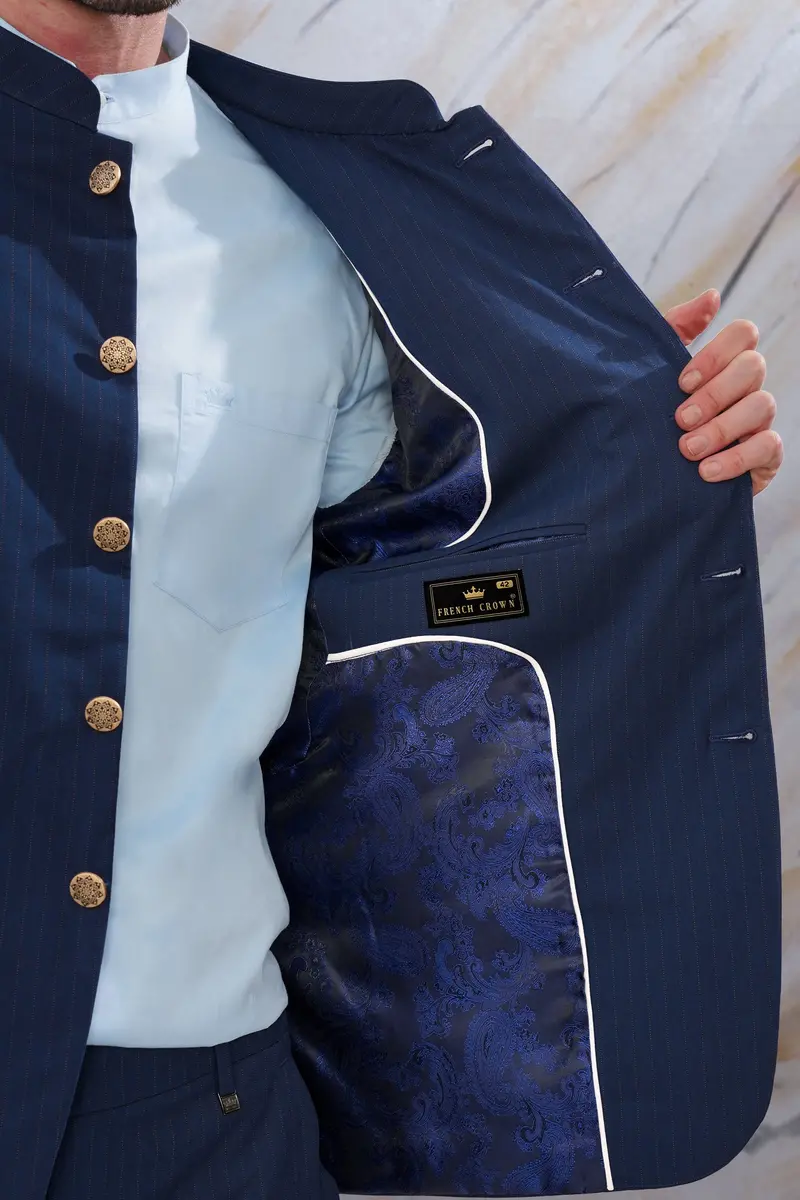 Ebony Clay Blue Striped Wool Rich Bandhgala Suit 5