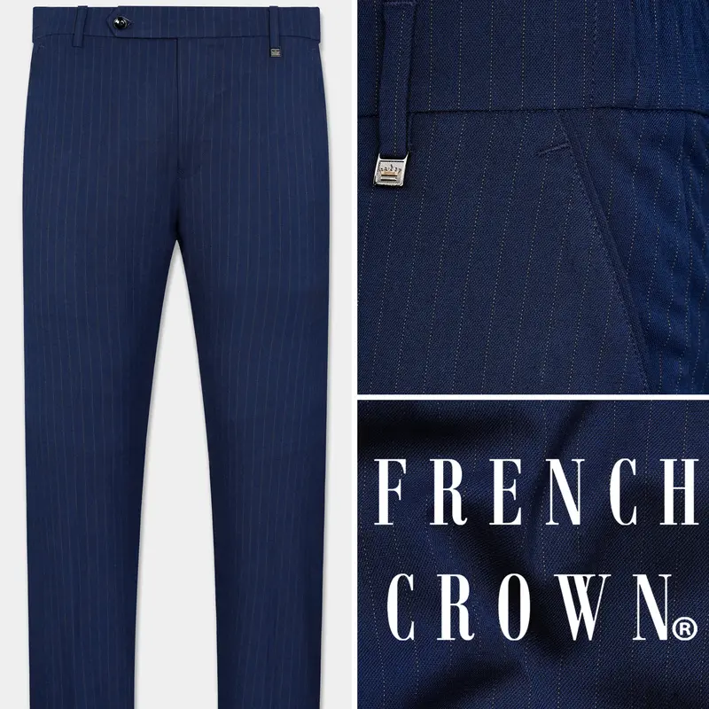 Ebony Clay Blue Striped Wool Rich Stretchable Waistband Pant 1