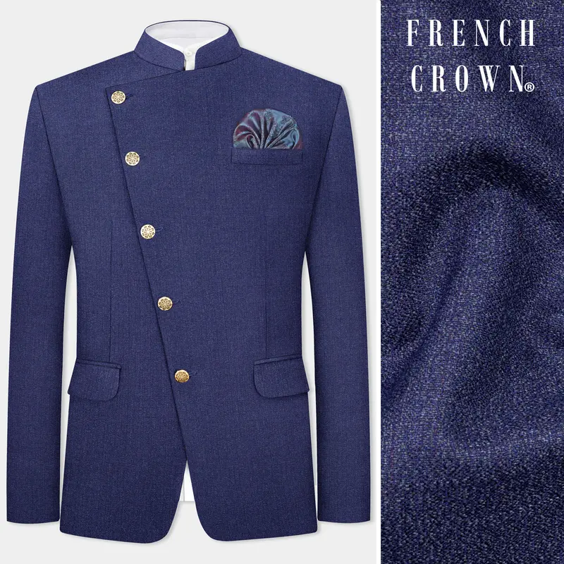 Ebony Clay Blue Textured Wool Blend Cross Placket Bandhgala Blazer 1