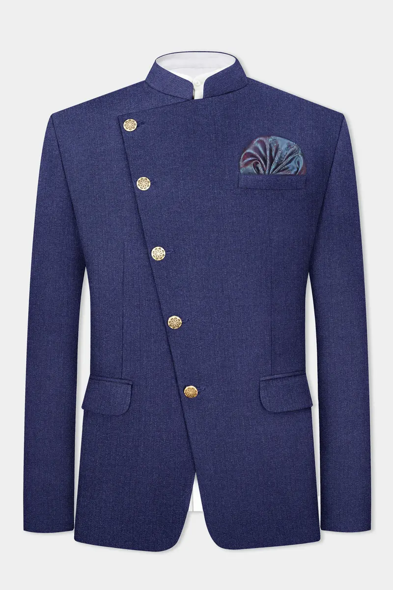 Ebony Clay Blue Textured Wool Blend Cross Placket Bandhgala Blazer 2