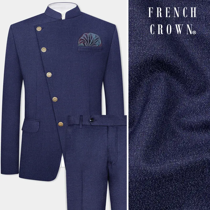 Ebony Clay Blue Textured Wool Blend Cross Placket Bandhgala Suit 1