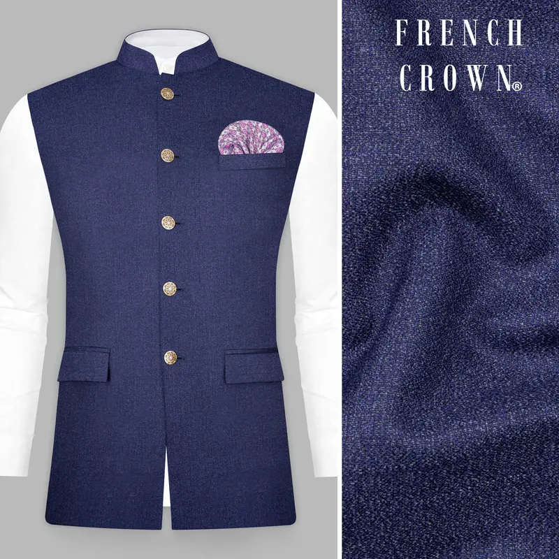 Ebony Clay Blue Textured Wool Blend Nehru Jacket 1