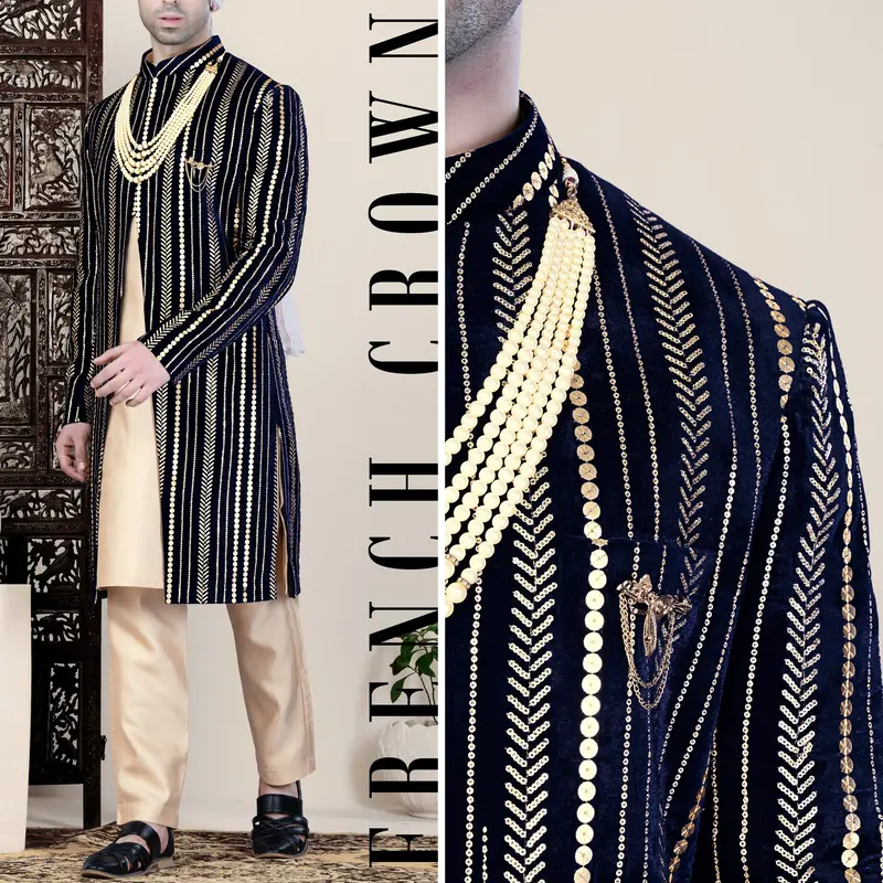 Ebony Clay Blue Vertical Sequin Embroidered Indo-Western Sherwani 1