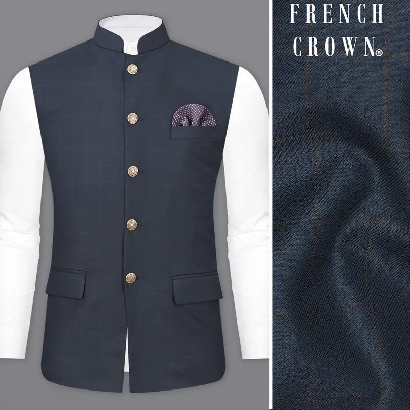 Ebony Clay Blue Windowpane Nehru Jacket 1