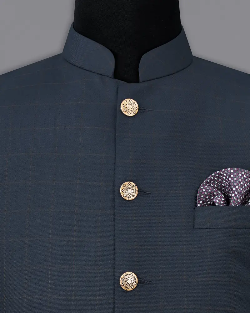 Ebony Clay Blue Windowpane Nehru Jacket 5