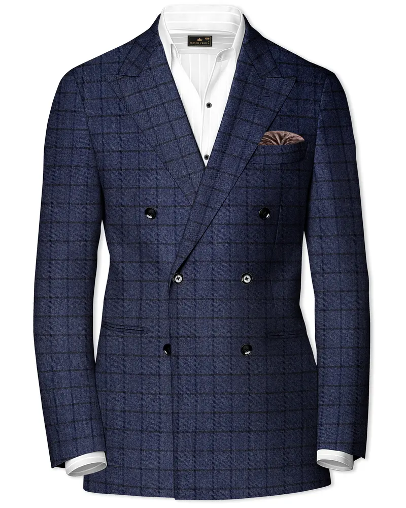Ebony Clay Blue Windowpane Tweed Double Breasted Blazer 1